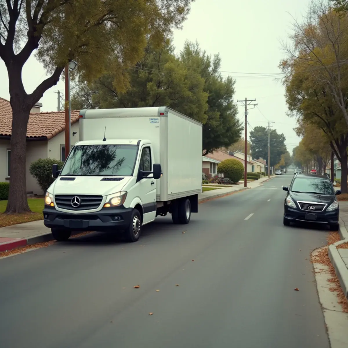 Unbranded work truck parked outside single-story 1950s homes and small medical offices in Los Alamitos