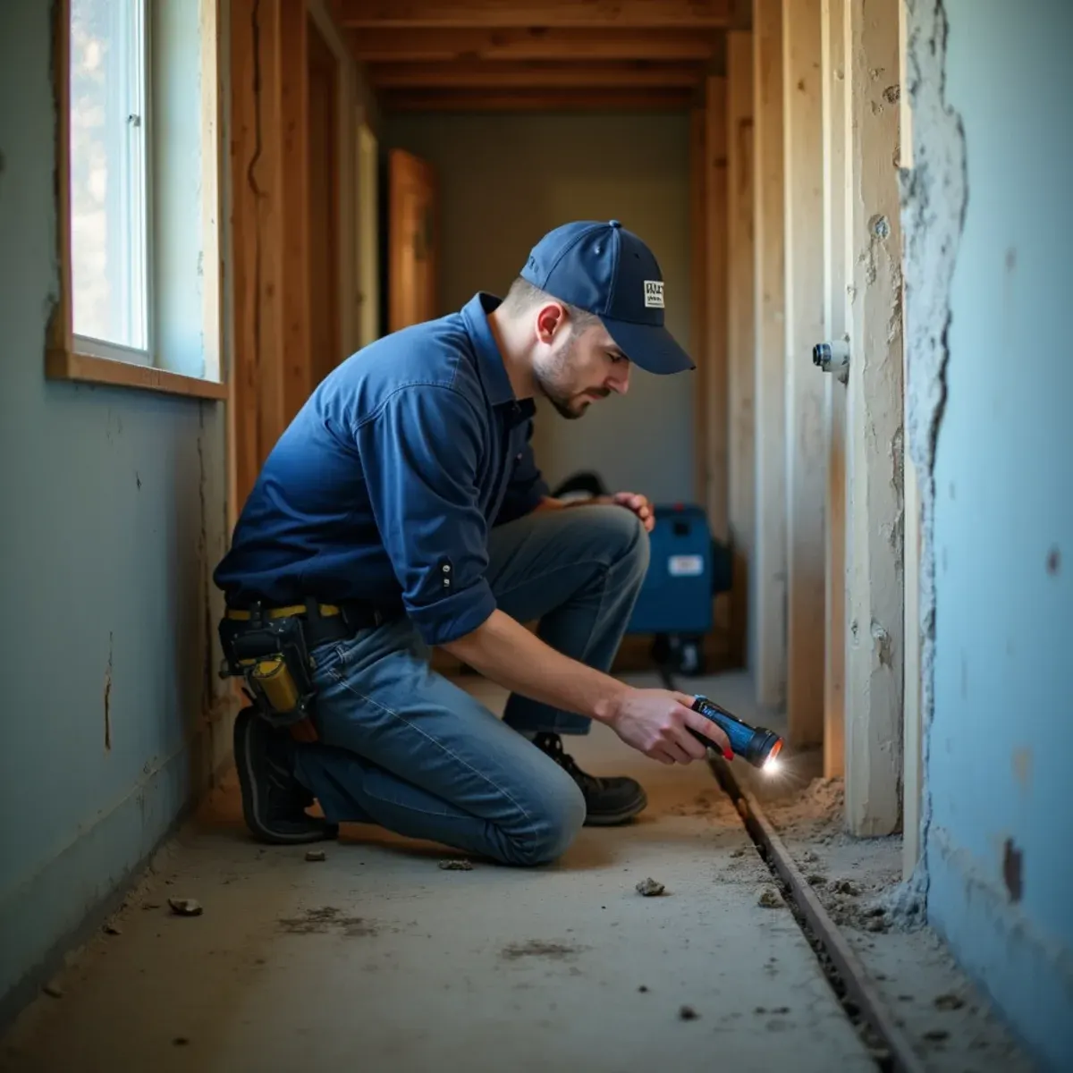 Restoration technician inspecting corroded pipe joints inside a 1950s Los Alamitos home wall cavity