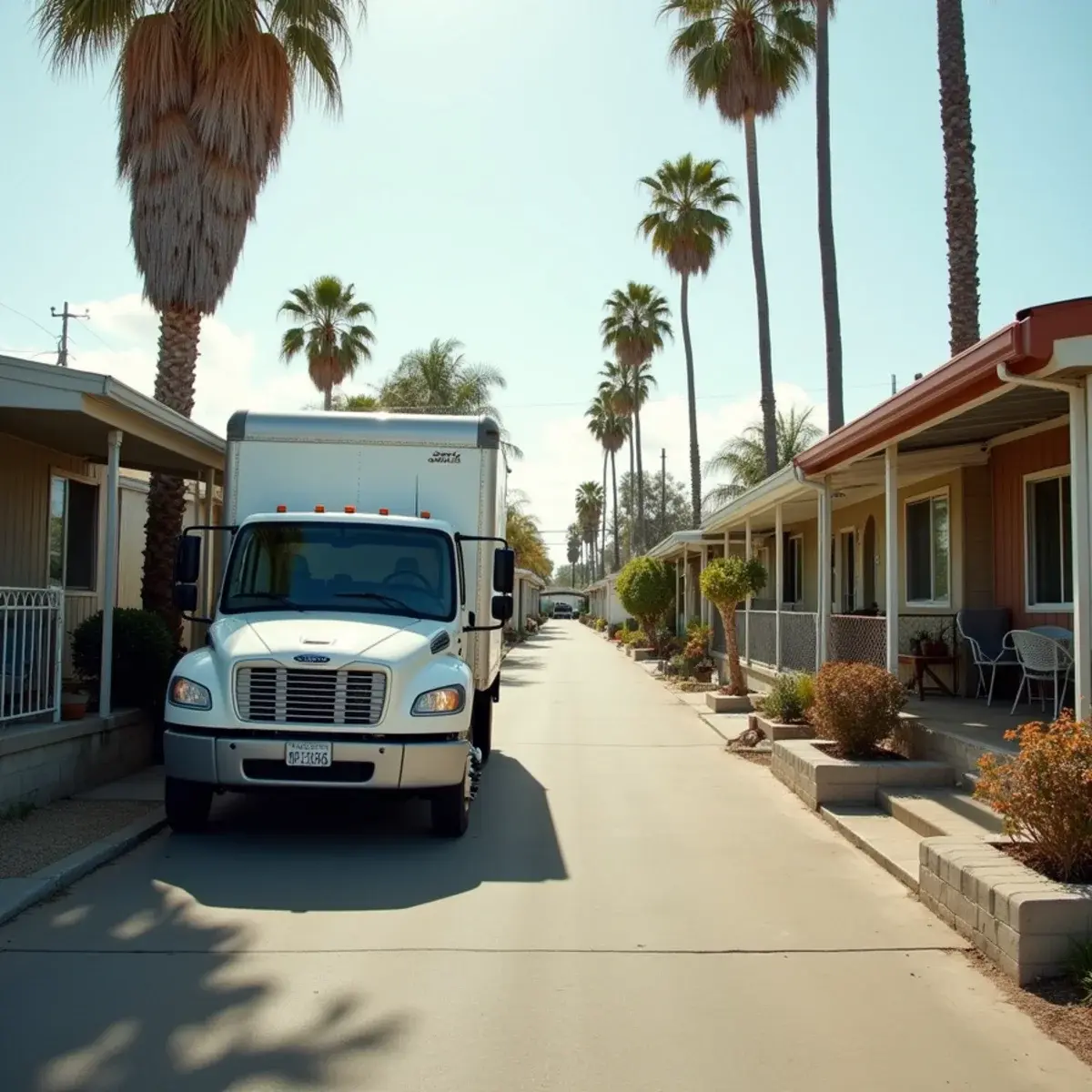 Older Midway City manufactured home lane with an unbranded water restoration truck at the kerb