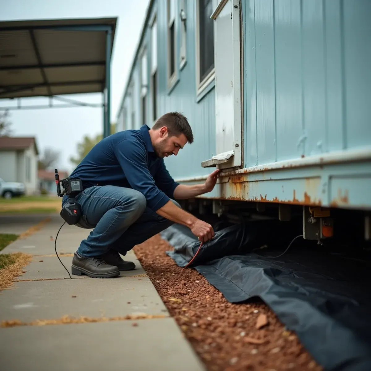 Technician opening belly wrap to find an underfloor leak at a Midway City manufactured home