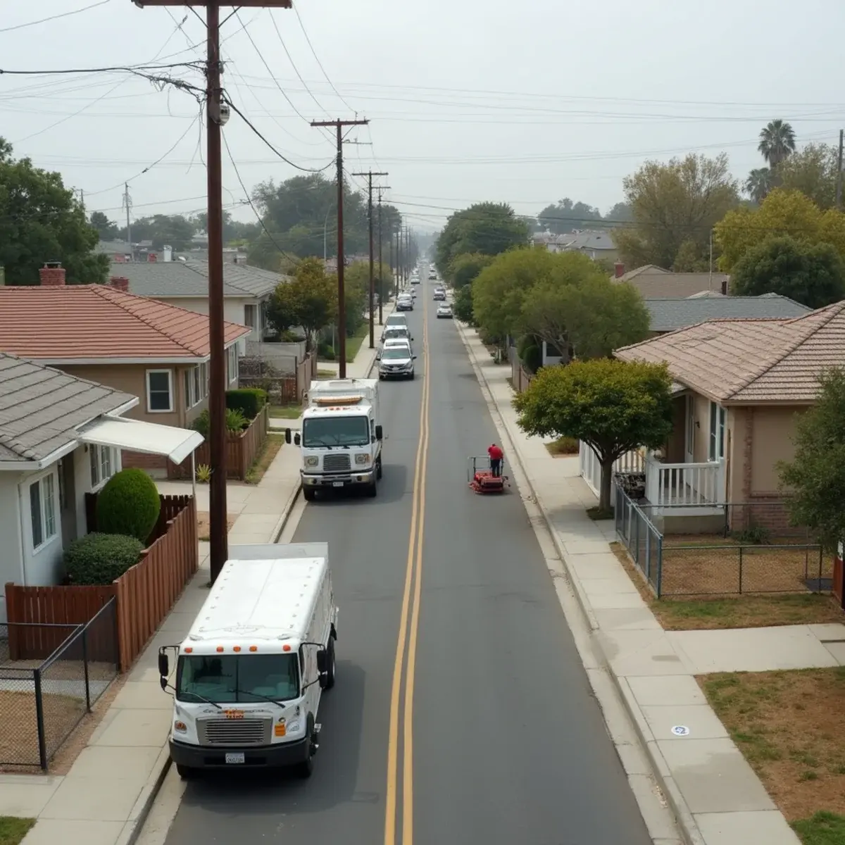 Modest Norwalk postwar street near the river channel with an unmarked work truck at the kerb