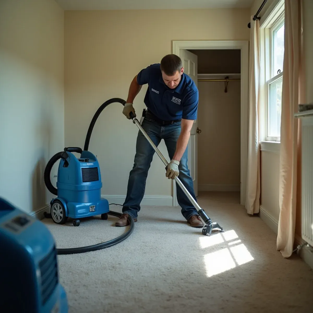 Technician extracting water from carpet after a supply line failure in a Norwalk postwar home