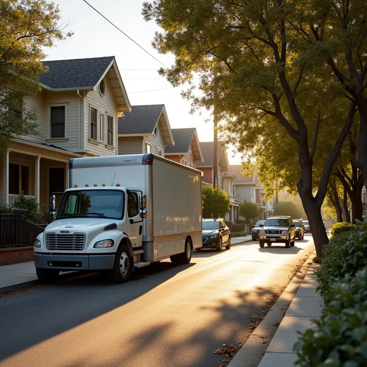 Unmarked restoration truck parked on a historic Old Towne Orange street of raised-foundation homes