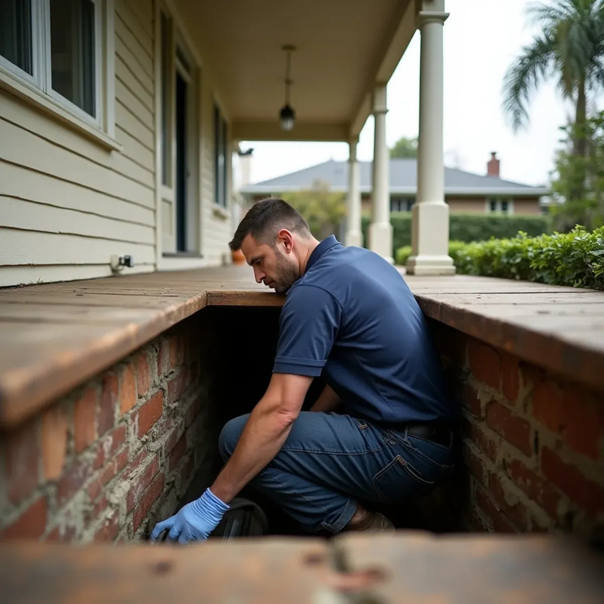 Technician setting up crawl space drying under a historic raised-foundation home in Old Towne Orange