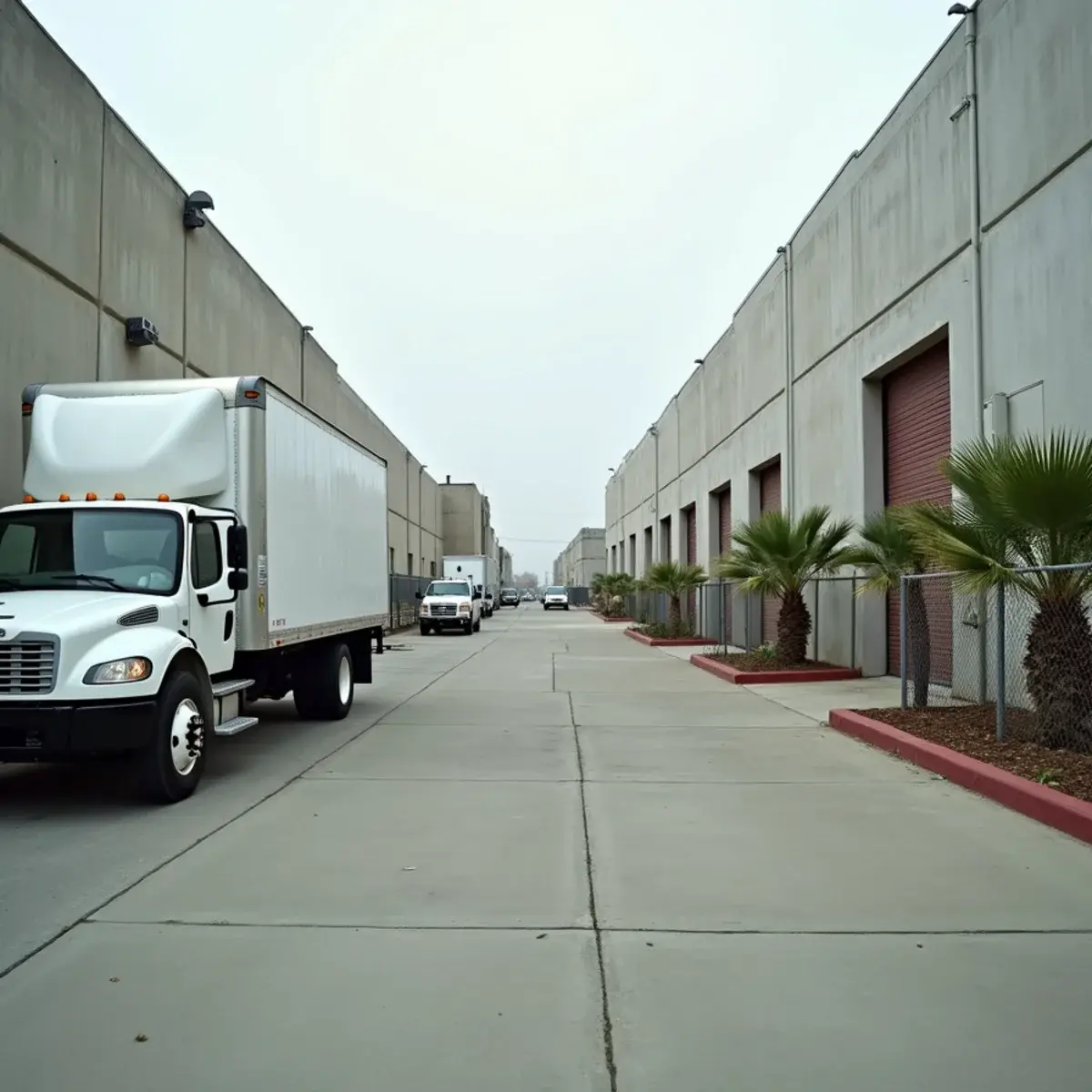 Santa Fe Springs industrial street of tilt-up warehouses with an unbranded restoration truck at the kerb