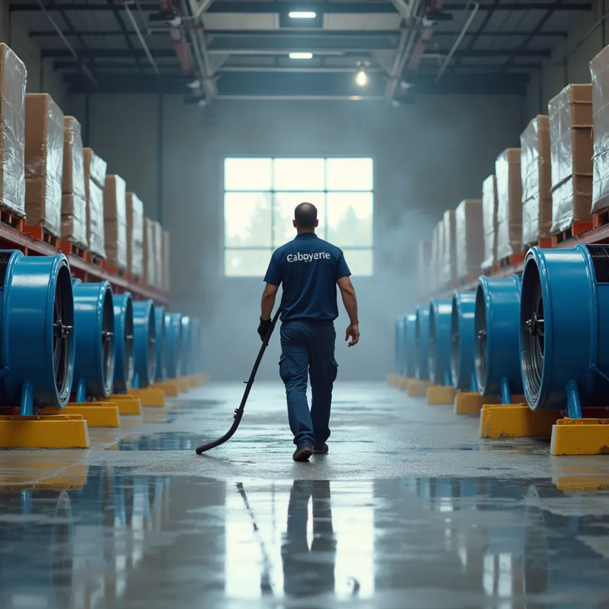 Crew extracting sprinkler discharge water from a Santa Fe Springs warehouse floor during commercial restoration