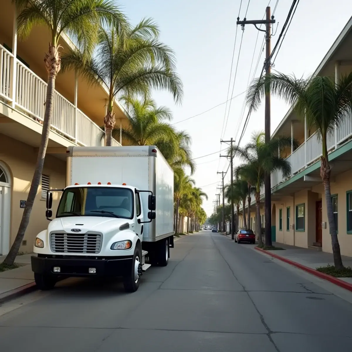 Old Town Seal Beach residential street with an unbranded water damage restoration truck at the kerb