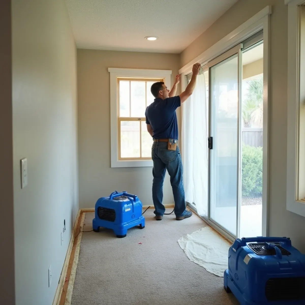 Technician sealing containment at a shared wall inside a Seal Beach attached senior community unit