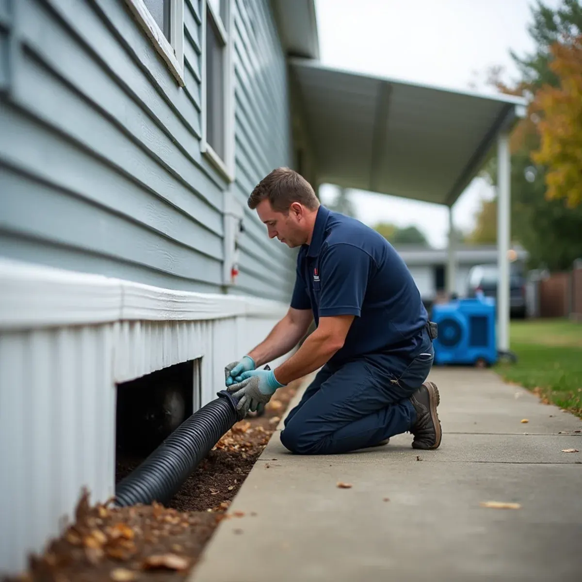 Technician drying the underfloor cavity of a manufactured home in Stanton after a supply leak