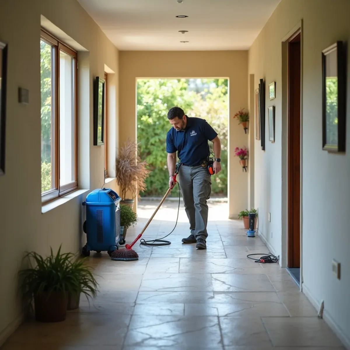 Technician acoustically locating a long under-slab leak inside a large Villa Park custom home