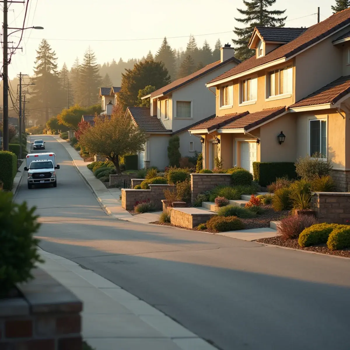 Work truck at the kerb on a Yorba Linda hillside street of large slab-foundation homes