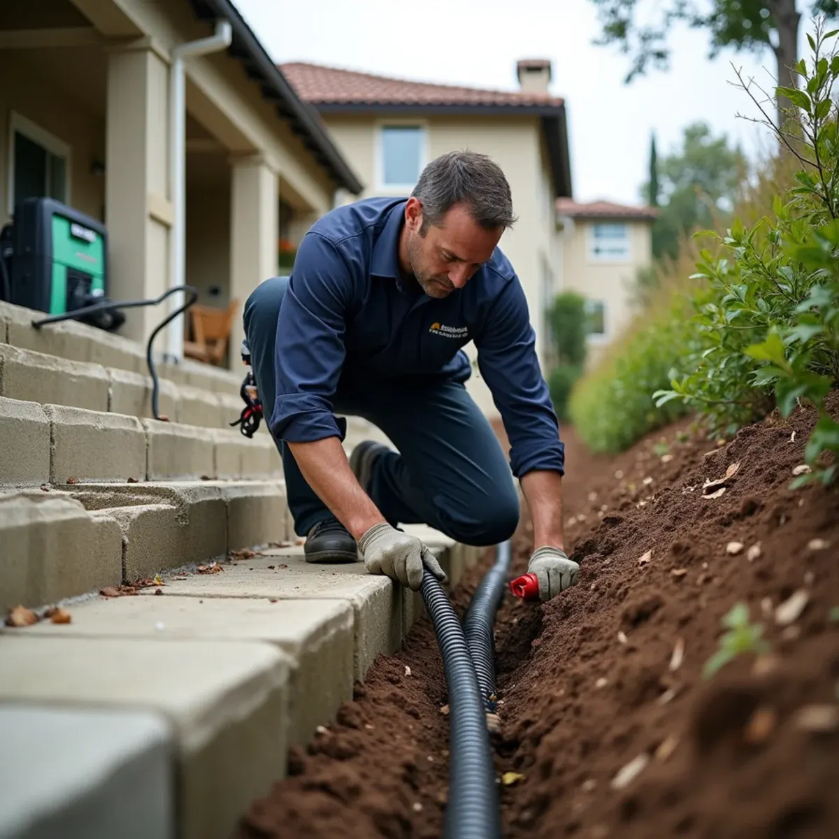 Technician clearing a failed terrace drain above a Yorba Linda hillside home after saturation