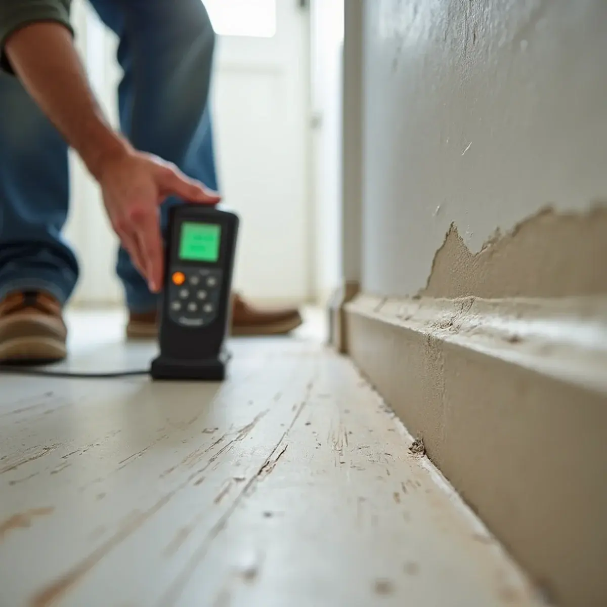 Moisture meter reading the hallway wall base behind a leaking shower in a Cypress home