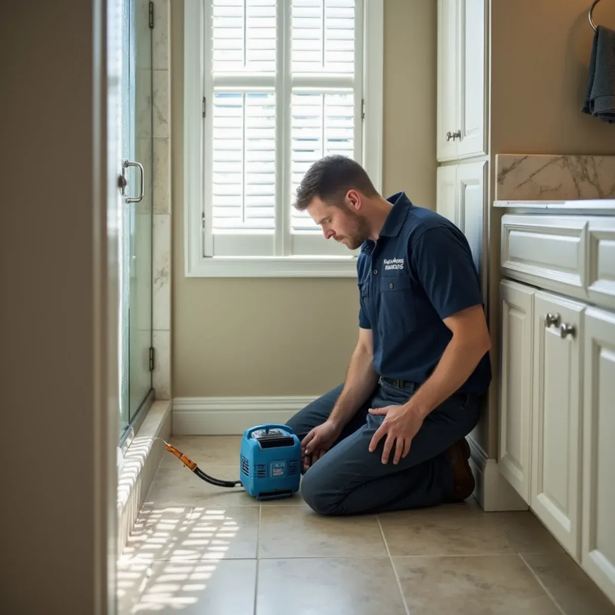 Technician drying a wall cavity beside a tiled shower during bathroom leak repair in Cypress