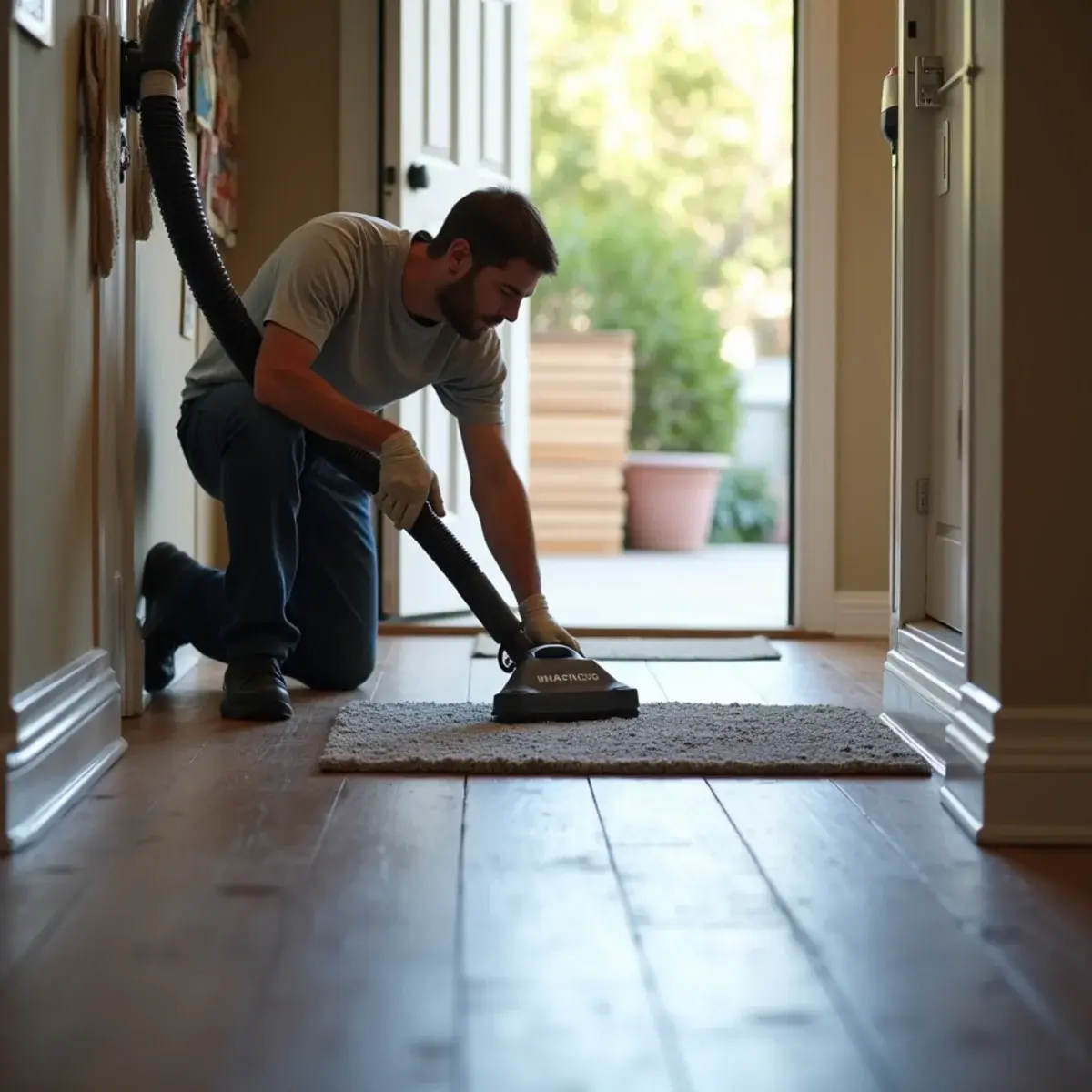 Floor mat drying system pulling moisture from a slab under lifted laminate in Orange County