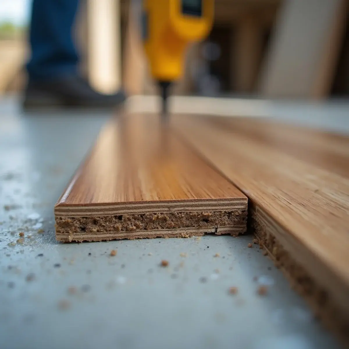Swollen laminate plank edges and slab moisture reading during vinyl floor water damage repair