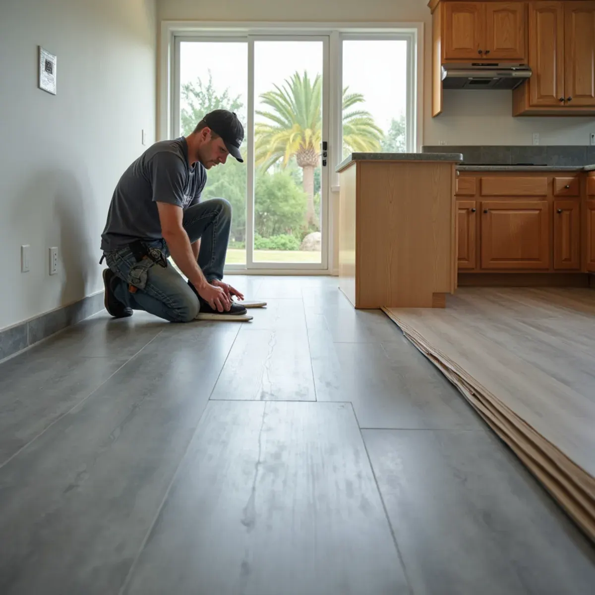 Technician lifting vinyl planks to reach a wet slab during floor water damage repair in Cypress