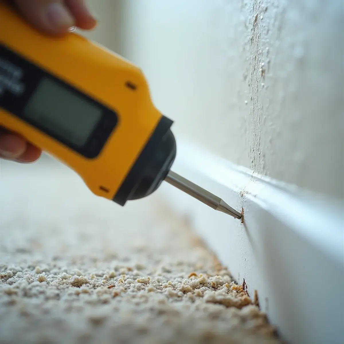 Moisture meter probes pressed into drywall above a baseboard to confirm hidden water