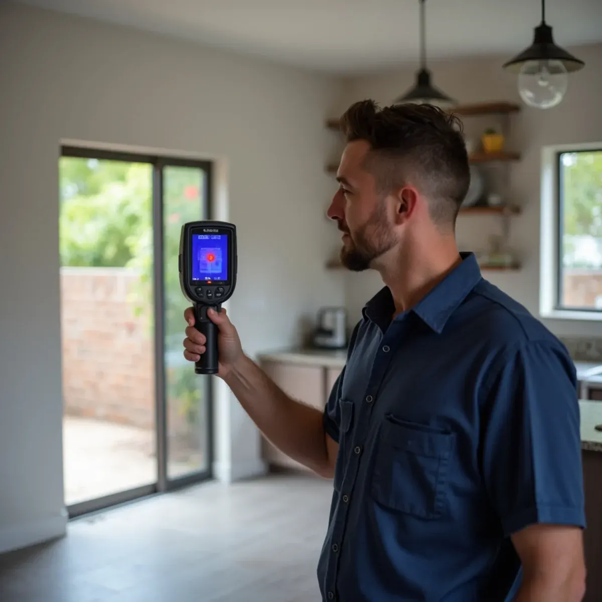 Technician scanning a wall with a thermal imaging camera during a free leak inspection in Cypress