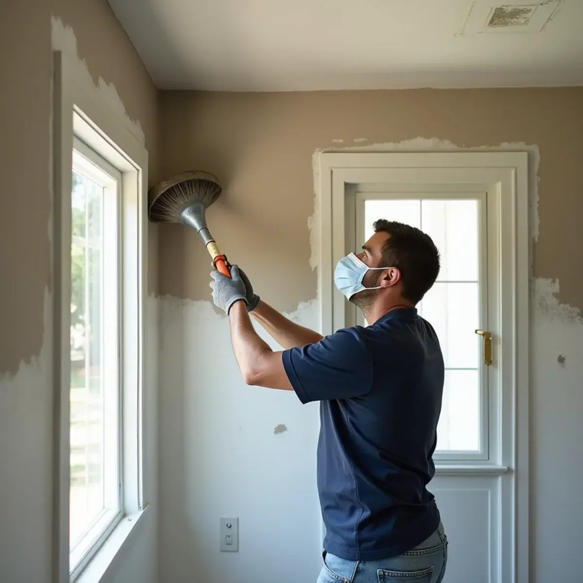 Technician spraying knockdown texture to match existing walls after water damage repairs