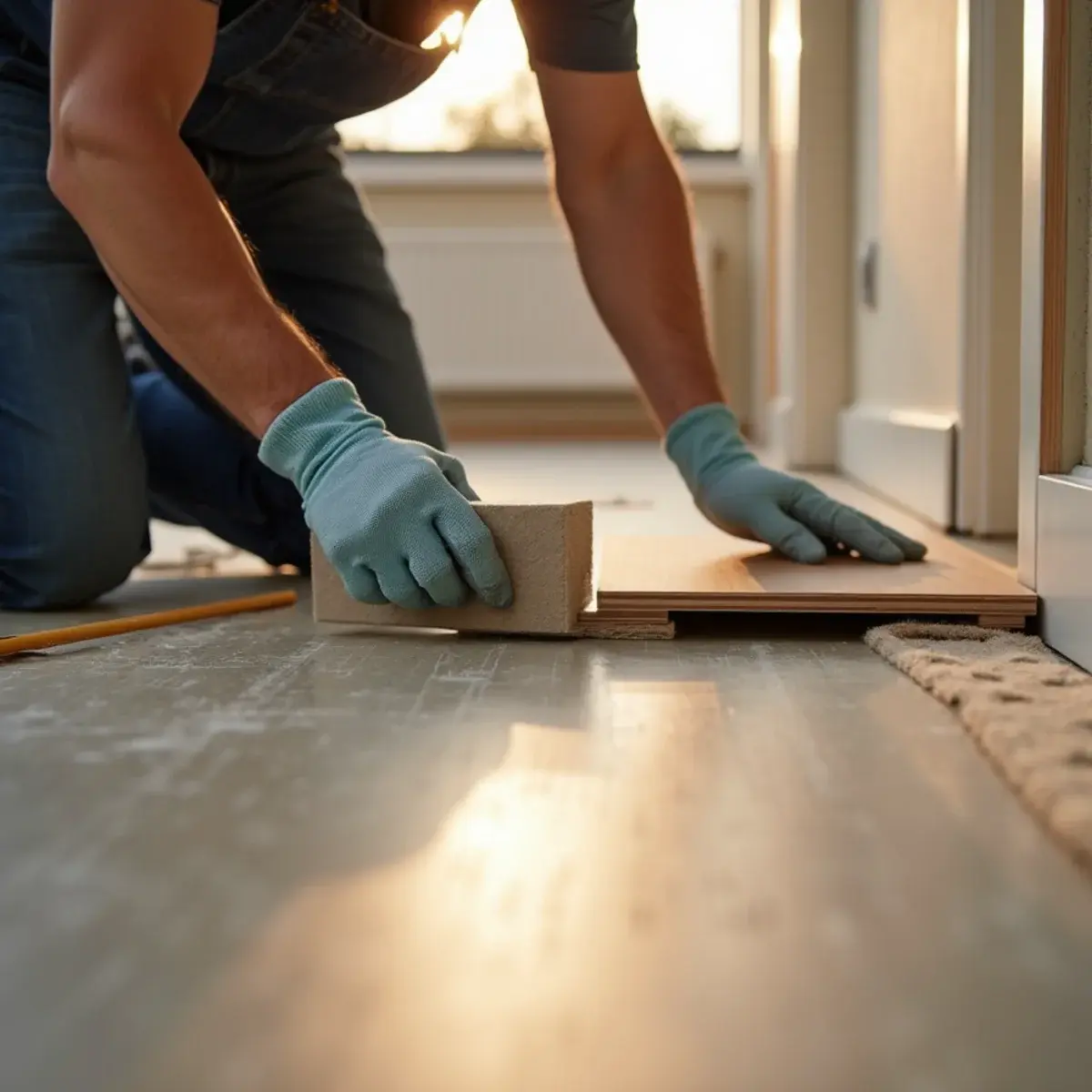 Hands locking vinyl plank flooring into place during post-water-damage reconstruction